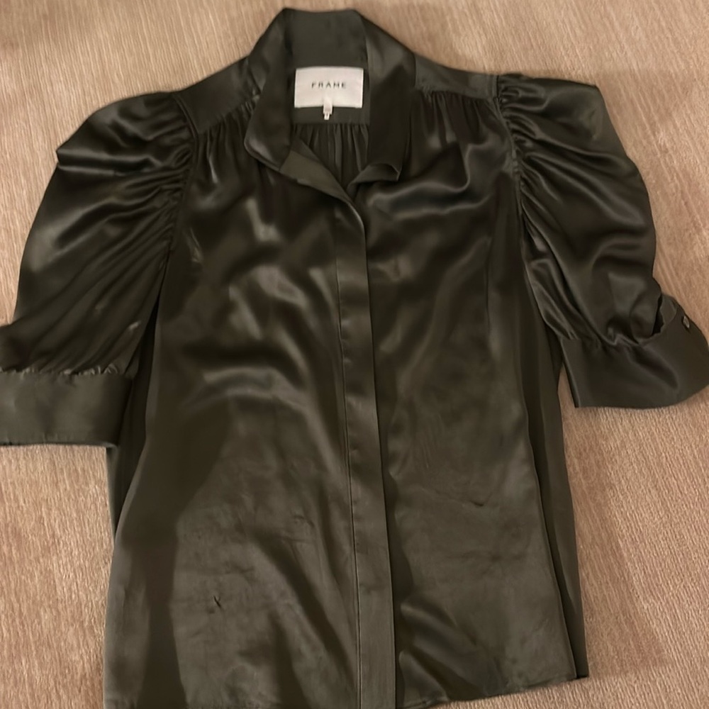 Frame deep green short sleeve puff-sleeve silk blouse with